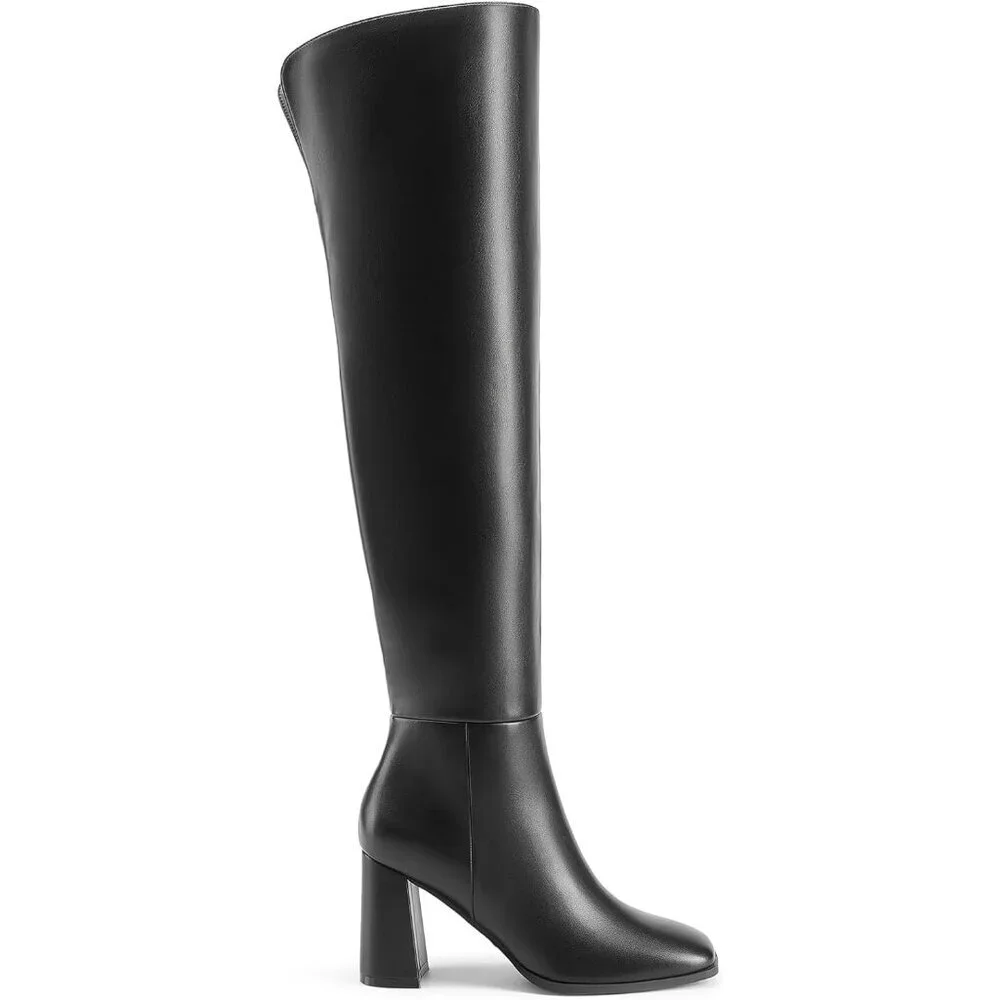 Women's Black Faux Leather Thigh High Block Chunky Heeled Knee High Long Boots